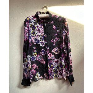 Gamba Womens XXS Button Down Long Sleeve Floral Sheer Silk Shirt Top Black Pink